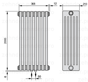 Схема (чертеж) Радиатор Zehnder Charleston 6200/8 №3470 Белый глянцевый RAL 9016